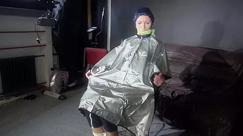 Sexy Ronja Being Tied, Gagged And Hooded On A Chair With A Clothgag Wearing Sexy Blue Shiny Nylon Rainwear (Video)