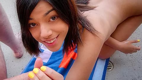 Petite Teen Harmony Wonder Facialized by the Pool - StrokiesHandjob